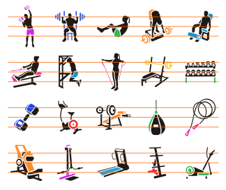 A collection of 300 icons of fitness excercises and objects in two colors. Very rich!